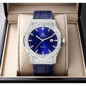 Shaarms Mens Quartz Watch Blue Dial Crystal Bezel Leather Strap Date New